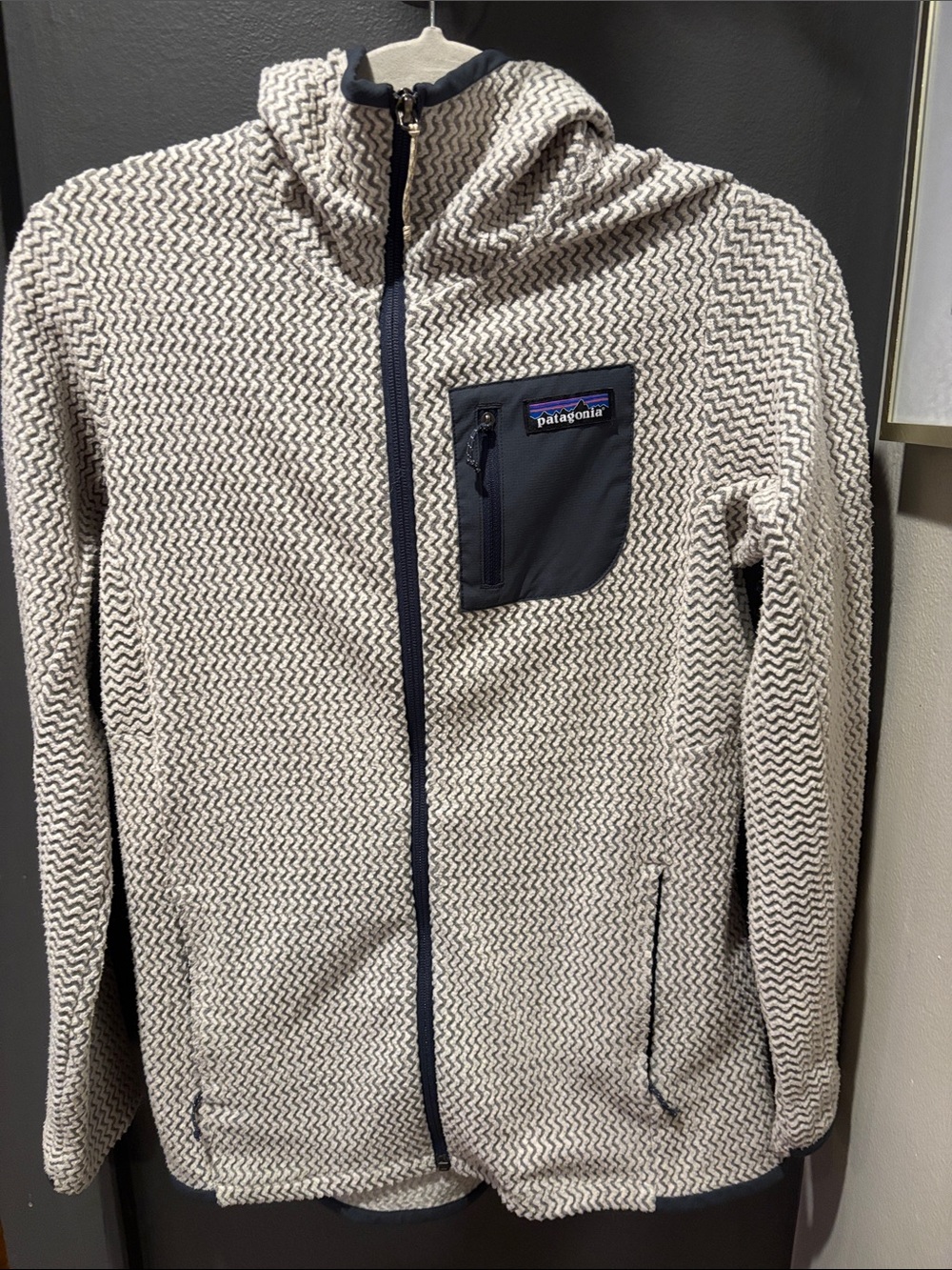 Patagonia Beige and Navy Zip-Up Hooded Fleece Jacket